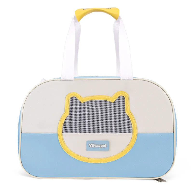 Blue foldable cat backpack made from Oxford cloth with contrast colour pattern and shoulder straps