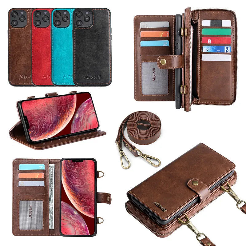 Detachable leather wallet flip case for Apple iPhone and Samsung Galaxy phones in black, blue, brown, and red.