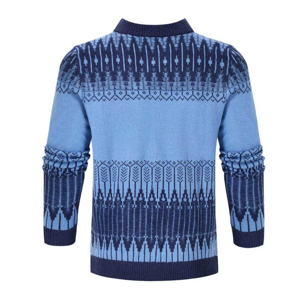 Men's knitted long-sleeved pullover sweater on a hanger, available in multiple sizes and styles.