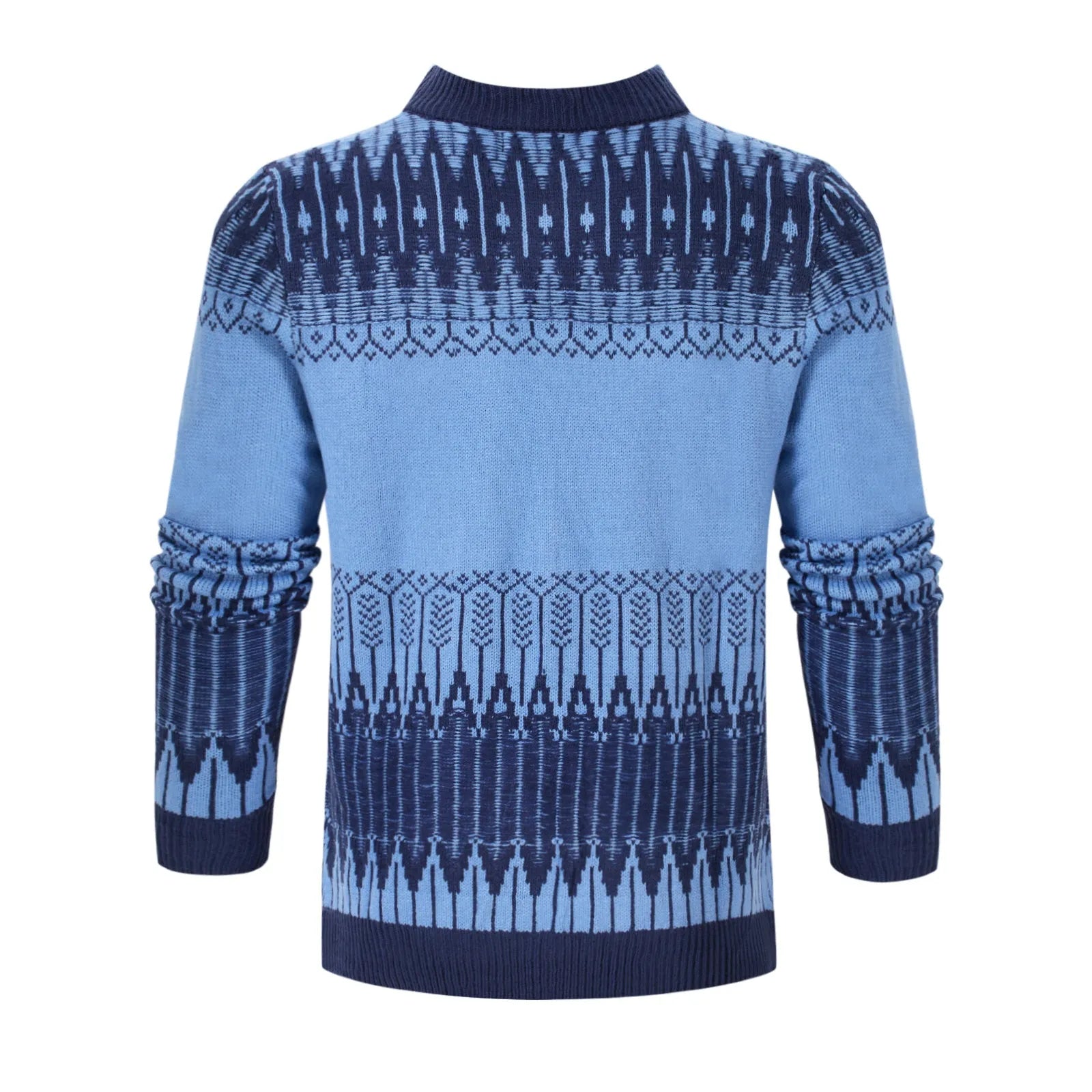 Men's knitted long-sleeved pullover sweater on a hanger, available in multiple sizes and styles.