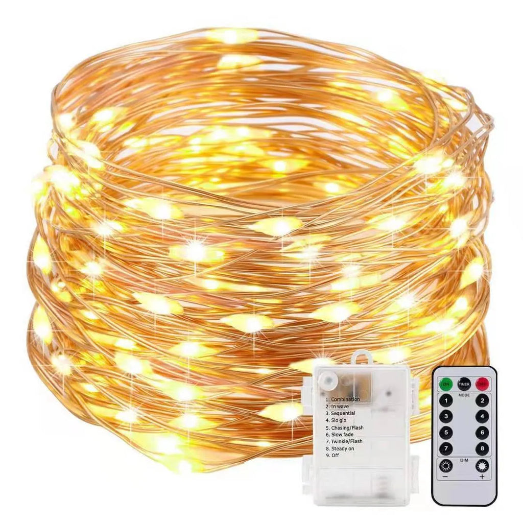 Flexible copper wire LED string lights bent into a spiral shape, showing 120 small bulbs and a white control box.