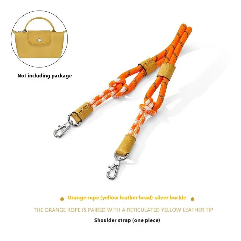 Braided nylon rope shoulder strap with cowhide leather accents and an alloy buckle.