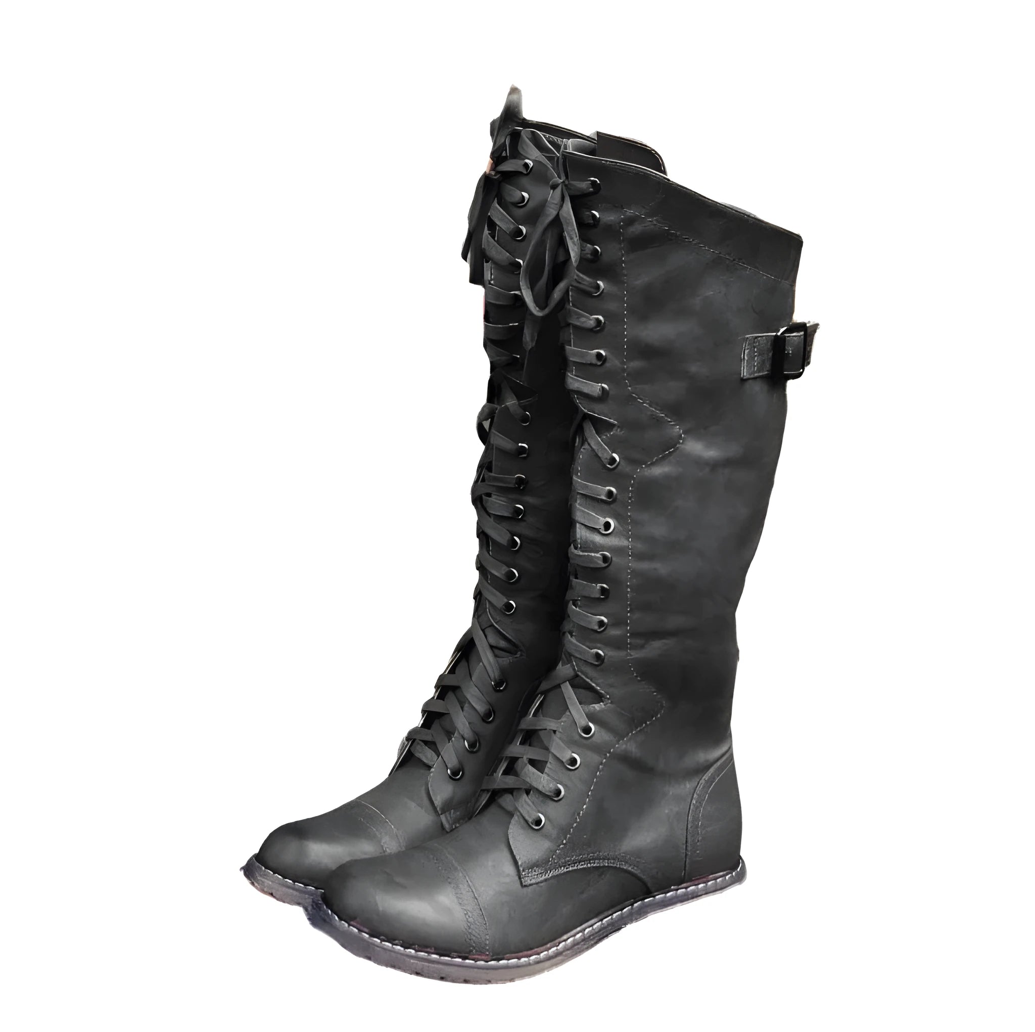 Women's black knight ankle boots with a cross strap detail over the front, made from artificial PU.