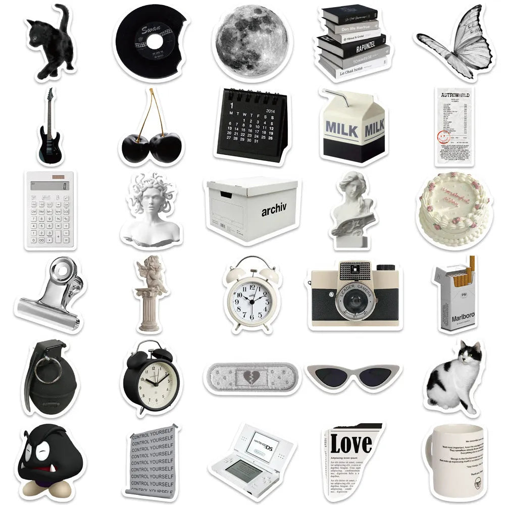 61 black and white simple style PVC vinyl stickers for laptops and phones.