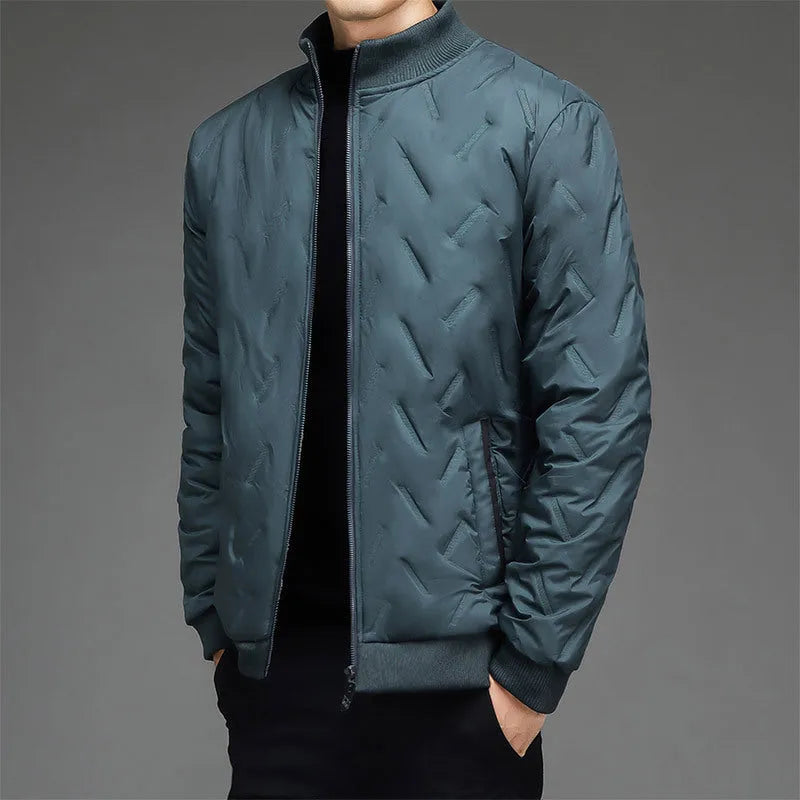 Men's fleece-lined stand collar cotton-padded coat in khaki, polyester fill, cold weather wear