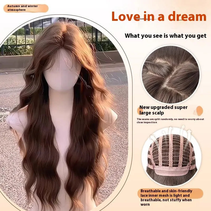 Female full head wig with long curly hair and side bangs in high temperature fibre