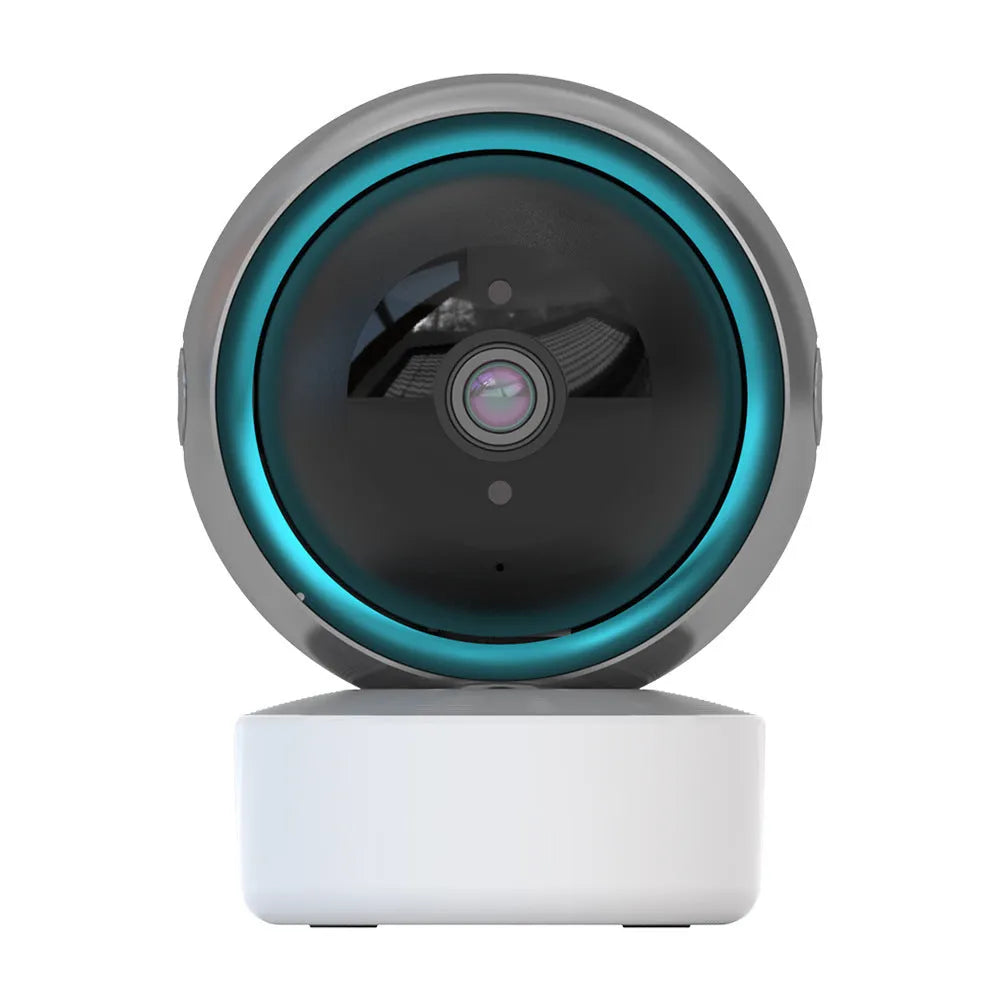 White indoor WiFi security camera with 360-degree rotation on stand showing 2MP resolution and optional memory card storage