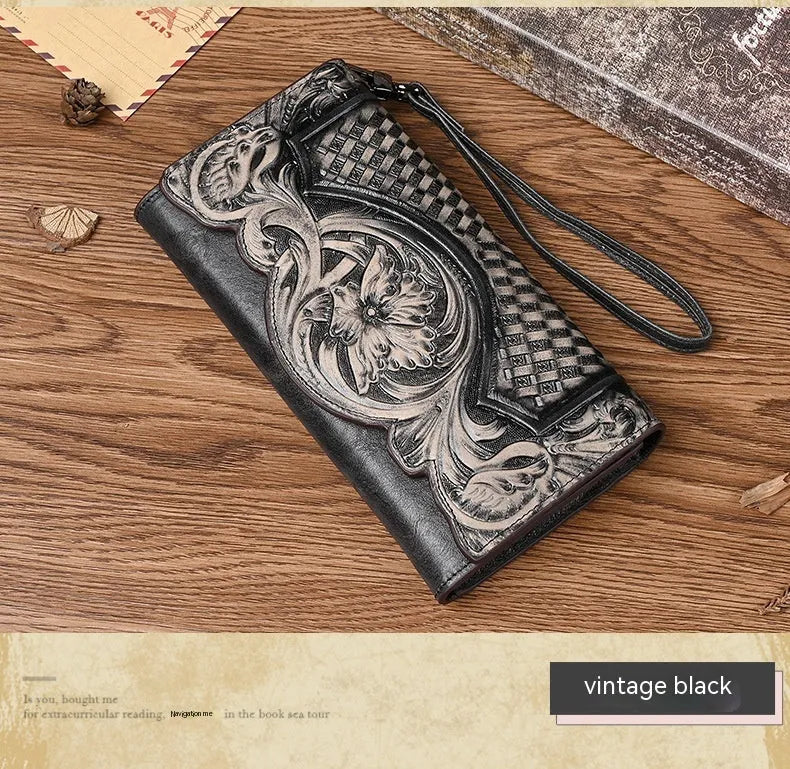 Retro brown women's tri-fold leather wallet with an embossed floral pattern, shown open and closed.