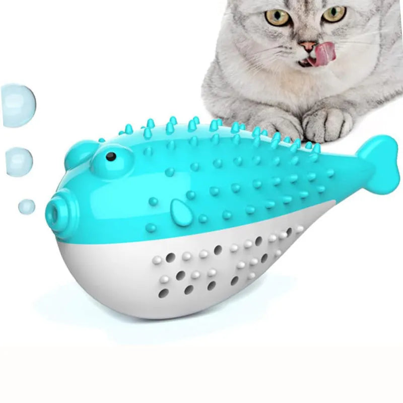 Silicone cat chew toy fish design with toothbrush cleaning function in blue, green, pink, or yellow colour