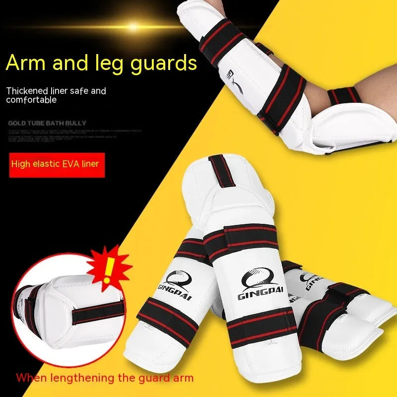 Taekwondo arm guards and leg protectors set in black PU EVA foam on a white background.