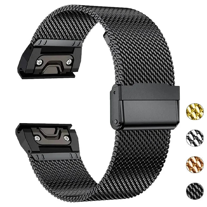 Stainless steel watch strap with card slot for Garmin Fenix smartwatch in silver finish.