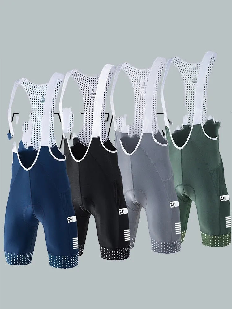 Men's black suspender shorts for road cycling, made from moisture-wicking polyester fabric.