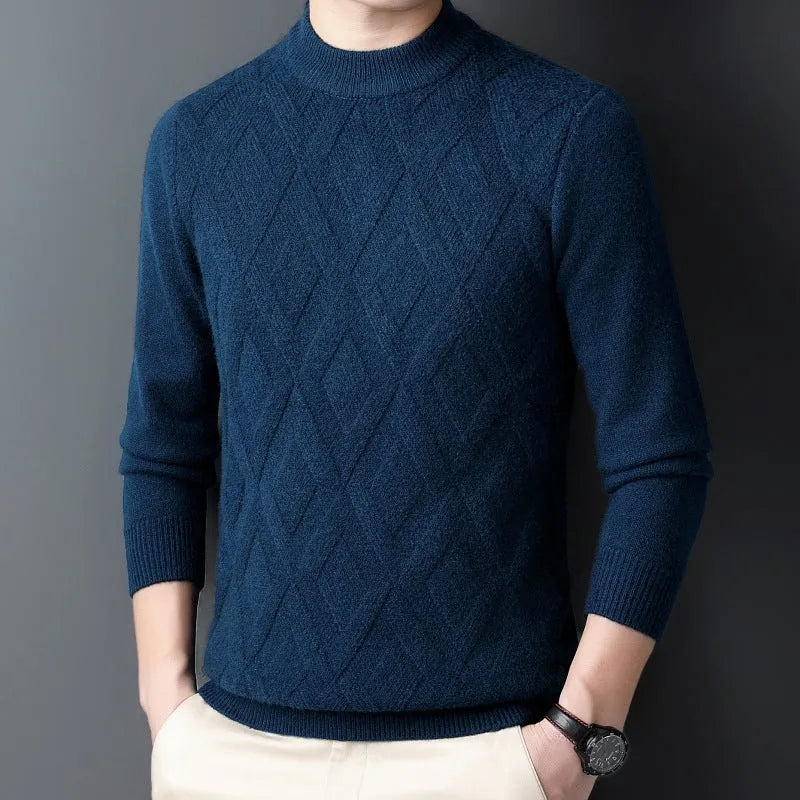 Men's thick diamond jacquard winter sweater in light camel colour, pullover style