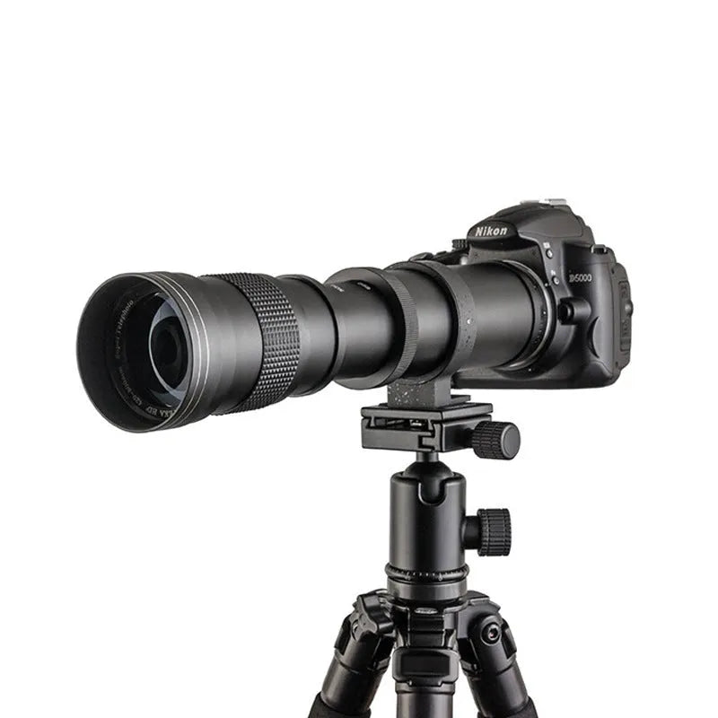 420-800mm manual telephoto zoom lens adapter with T-mount for DSLR cameras showing extended zoom position