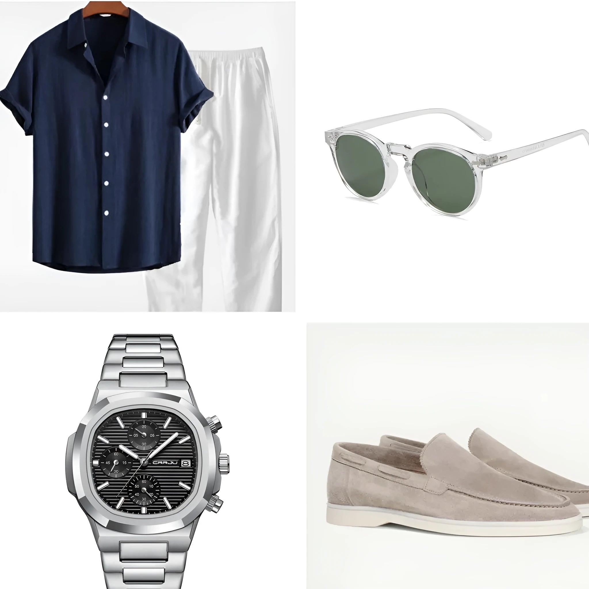 A loose-fitting short sleeve shirt and shorts suit set in a cotton linen blend, shown in navy blue colour.