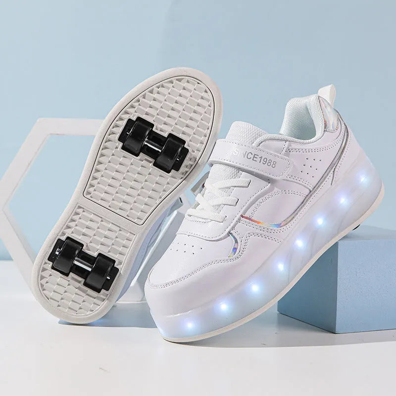 Children's rechargeable flashing roller skates with LED lights in pink, showing UK size markings