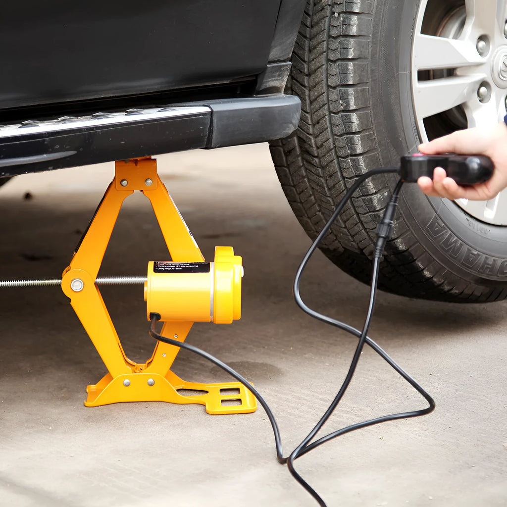 TY002 model electric hydraulic car jack kit with remote control, showing extended height.