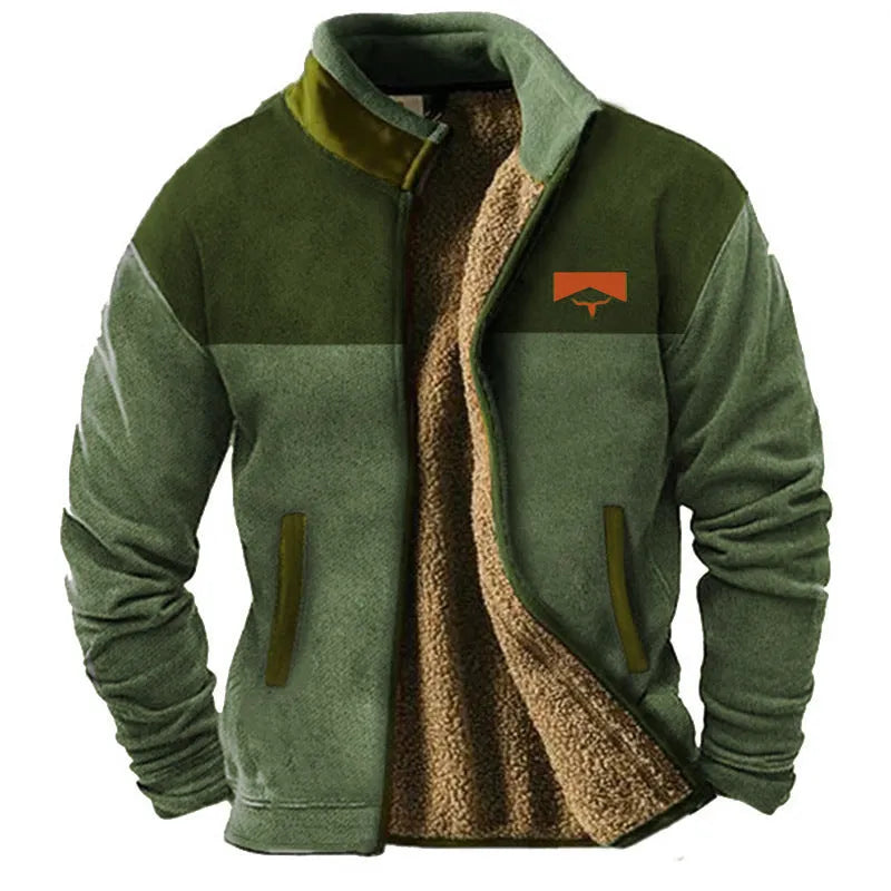 A man's fleece-padded coat in light brown, showing a regular fit and zip front.
