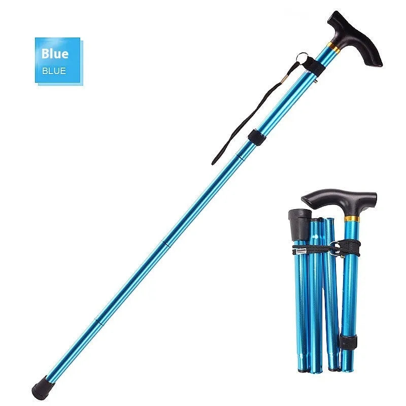 Adjustable aluminium folding walking cane extended, showing anti-slip handle and rubber tip.