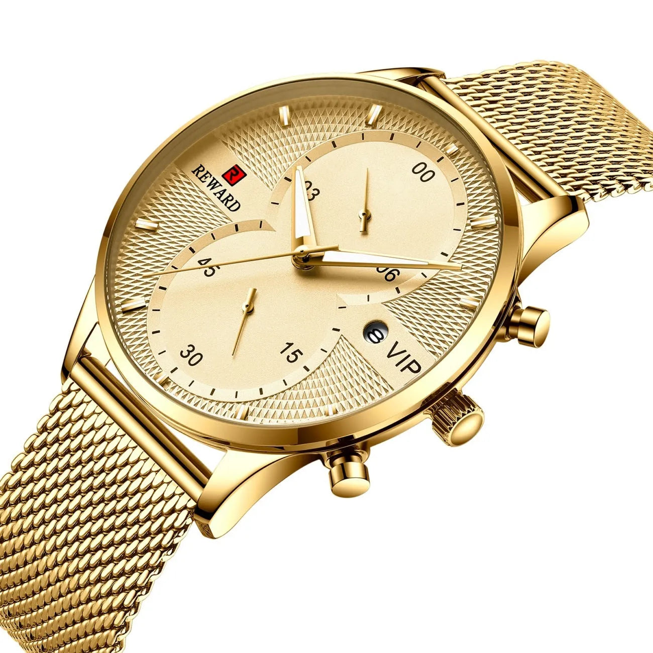 Men's waterproof quartz business watch with 45mm round dial, stainless steel strap, and calendar display on a white background