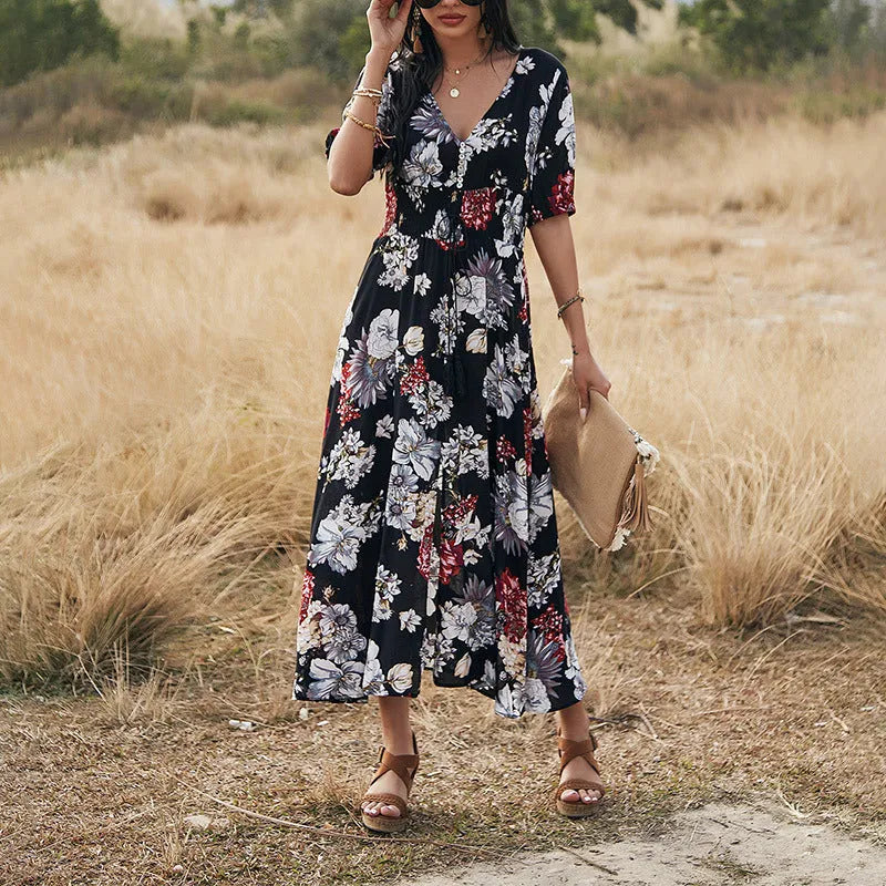Yellow floral print women's V-neck dress with elasticated high waist and large hemline