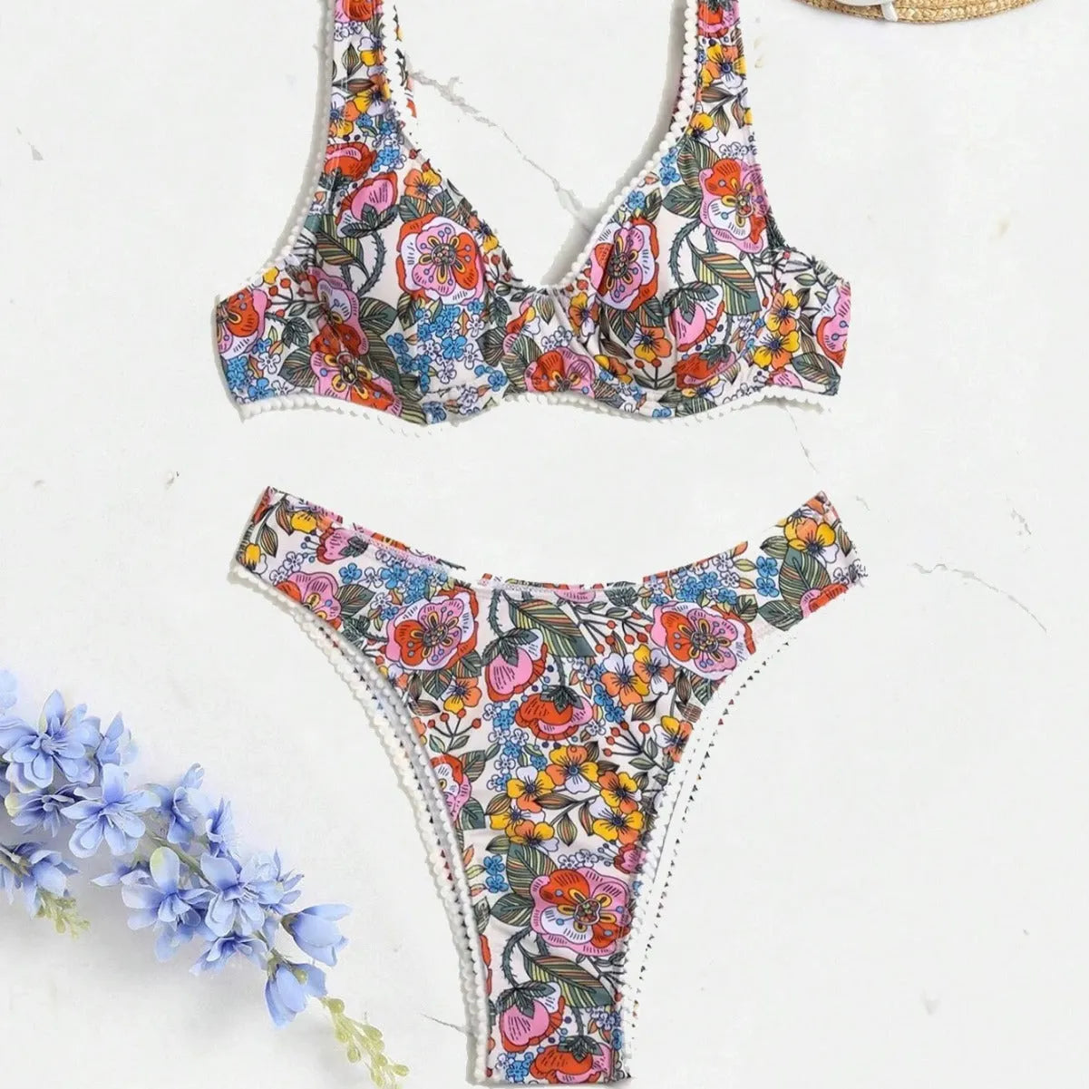 Women's floral printed push-up bikini with steel bracket support and adjustable tied design