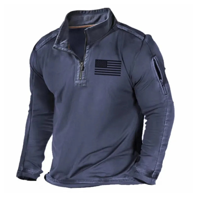 Men's grey zip collar long sleeve pullover sweater on a model.