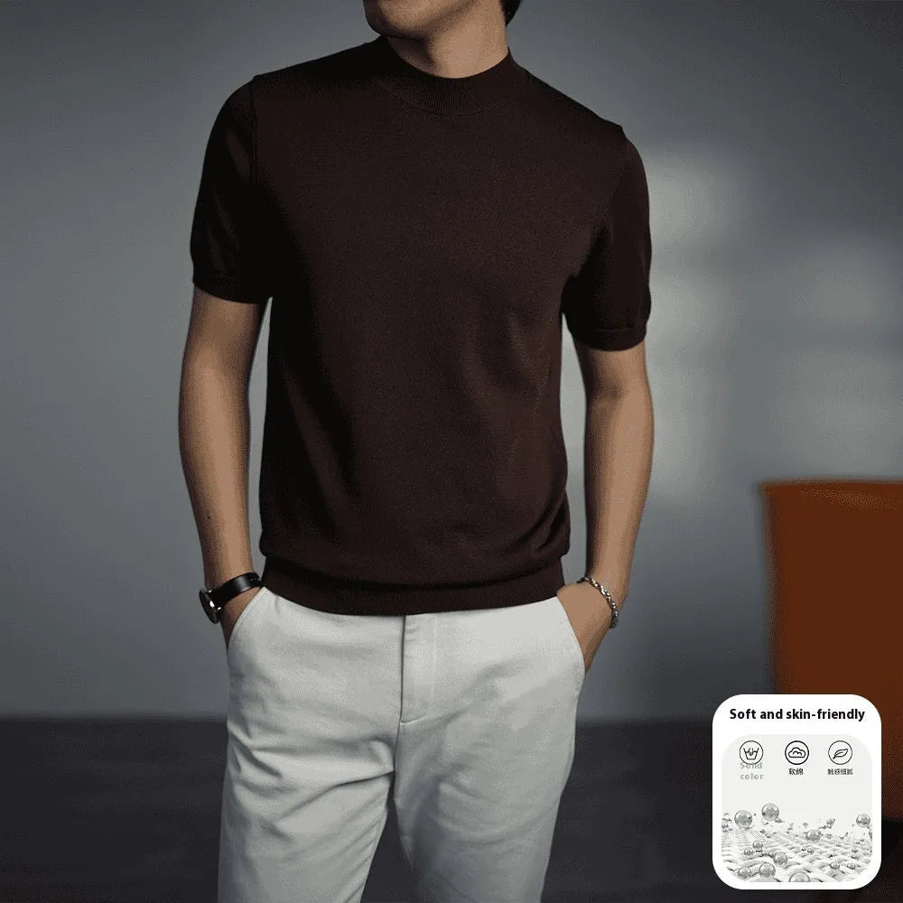 Men's silver grey knitted round neck t-shirt with short sleeves on a hanger.