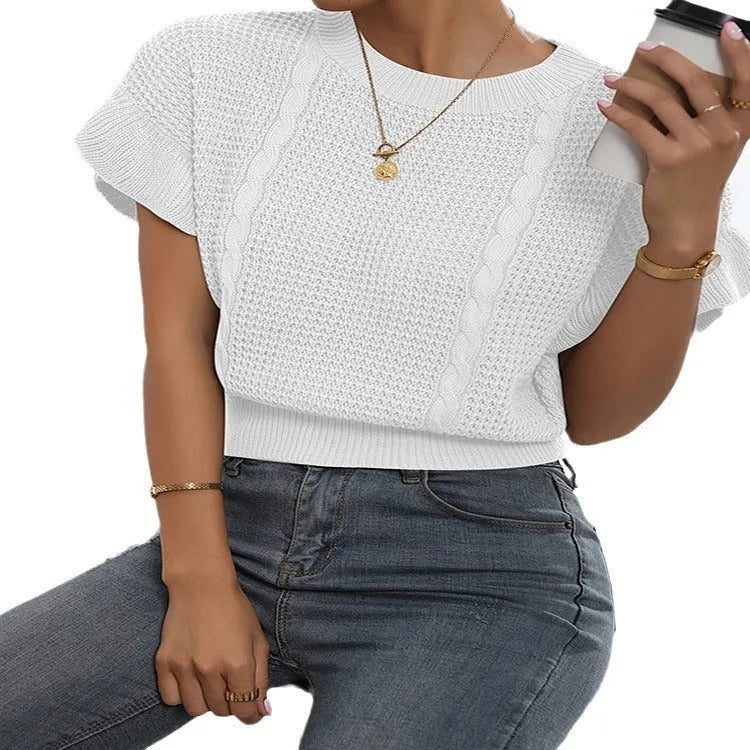 Women's twisted string design knitted pullover sweater with ruffled sleeves in loose fit casual style