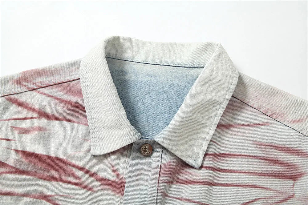 Men's blue inkjet tie-dyed cotton denim loose jacket with long sleeves and straight hem