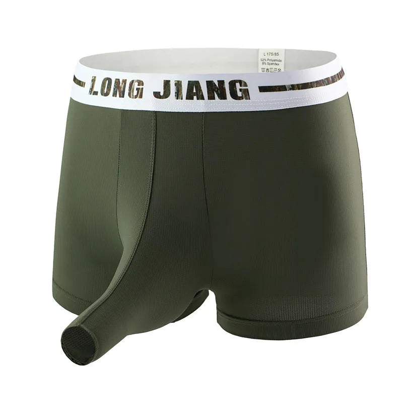 Men's solid colour Ice Silk boxer shorts with a trunk open design on a mid-waist fit.