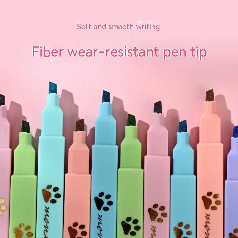 Cat's Paw set of six fluorescent marking pens with oblique heads in a box.