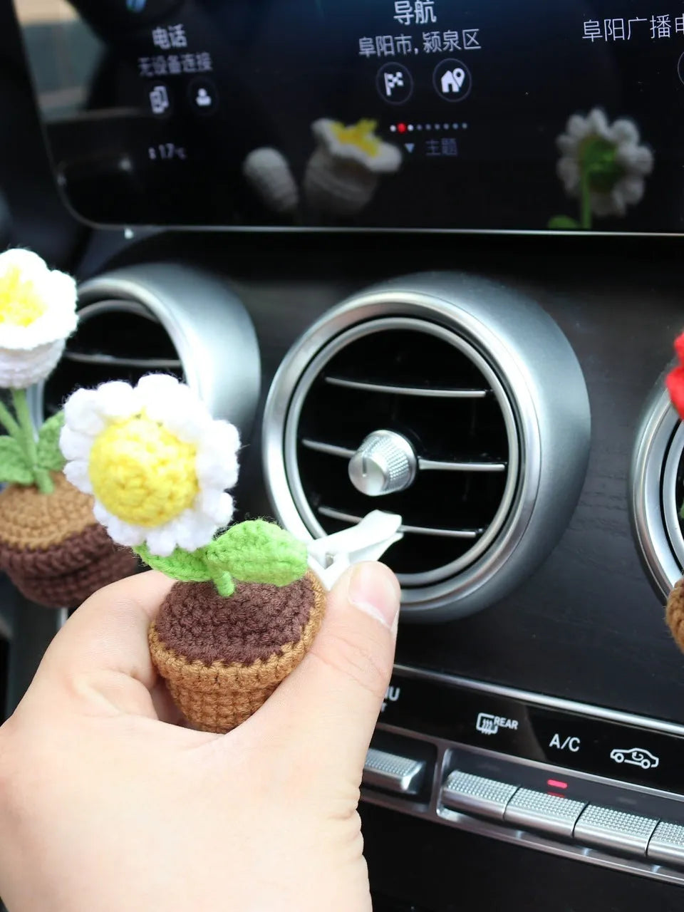 Wool car air vent aromatherapy clip with potted plant floral design in multiple colour options