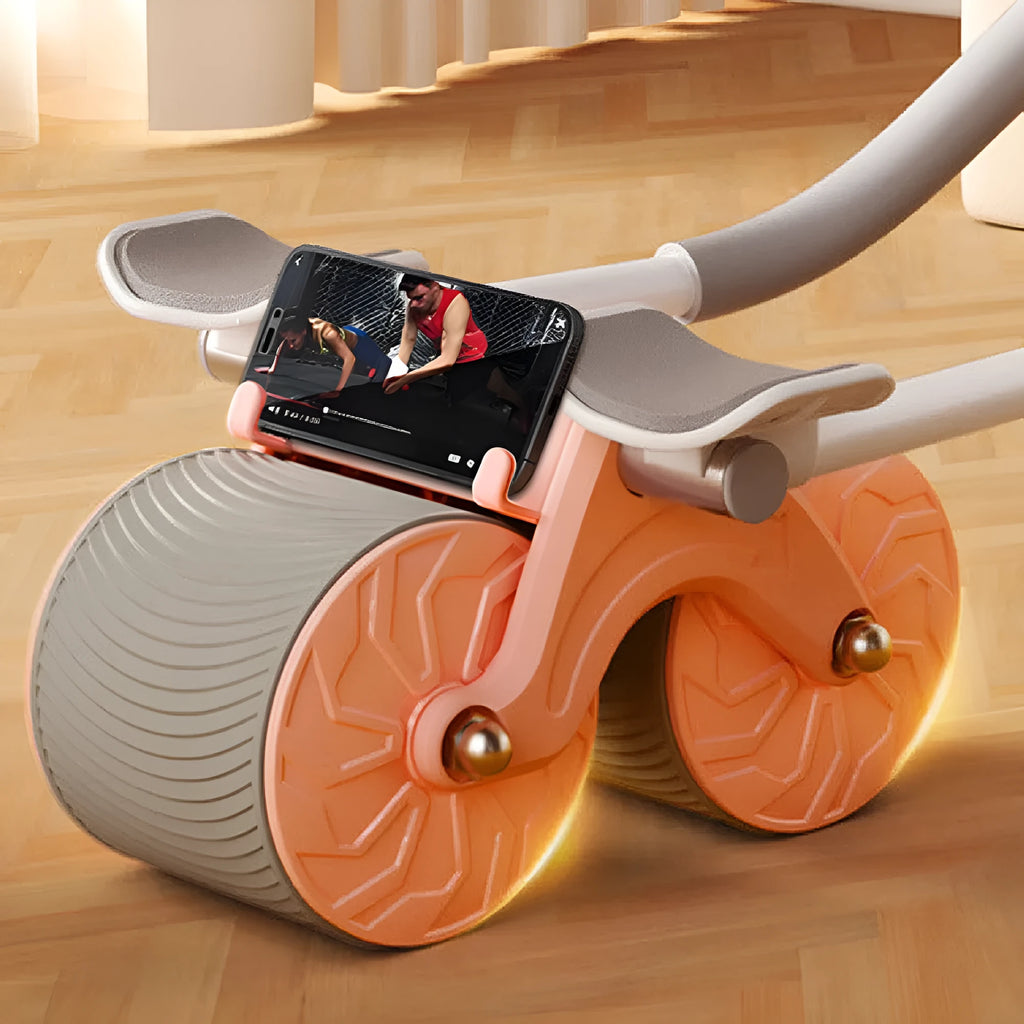 Black automatic rebound abdominal wheel and a red and black lock-edge NBR yoga mat set on a floor.
