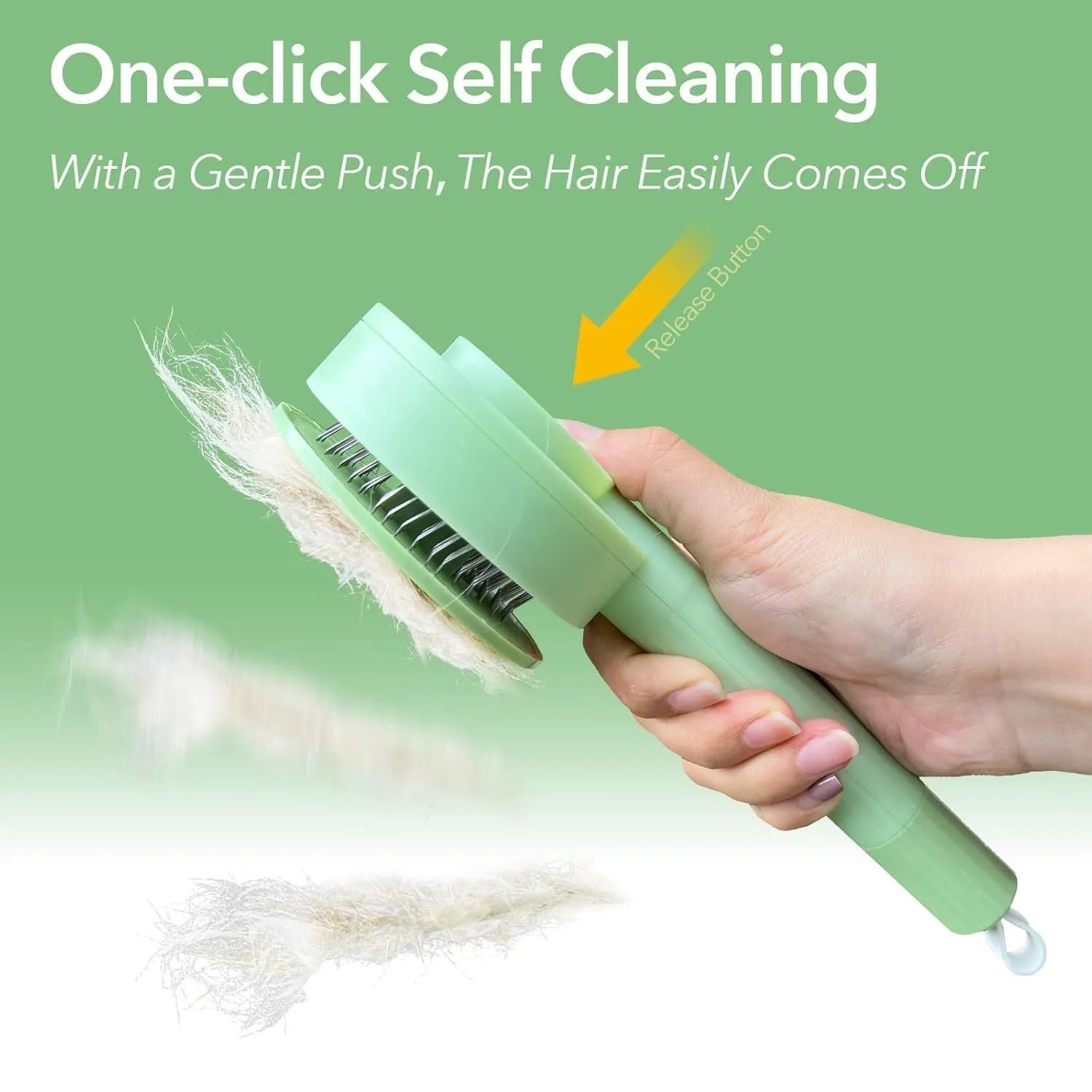 Green and yellow 2-in-1 pet grooming brush with stainless steel teeth and hanging hook