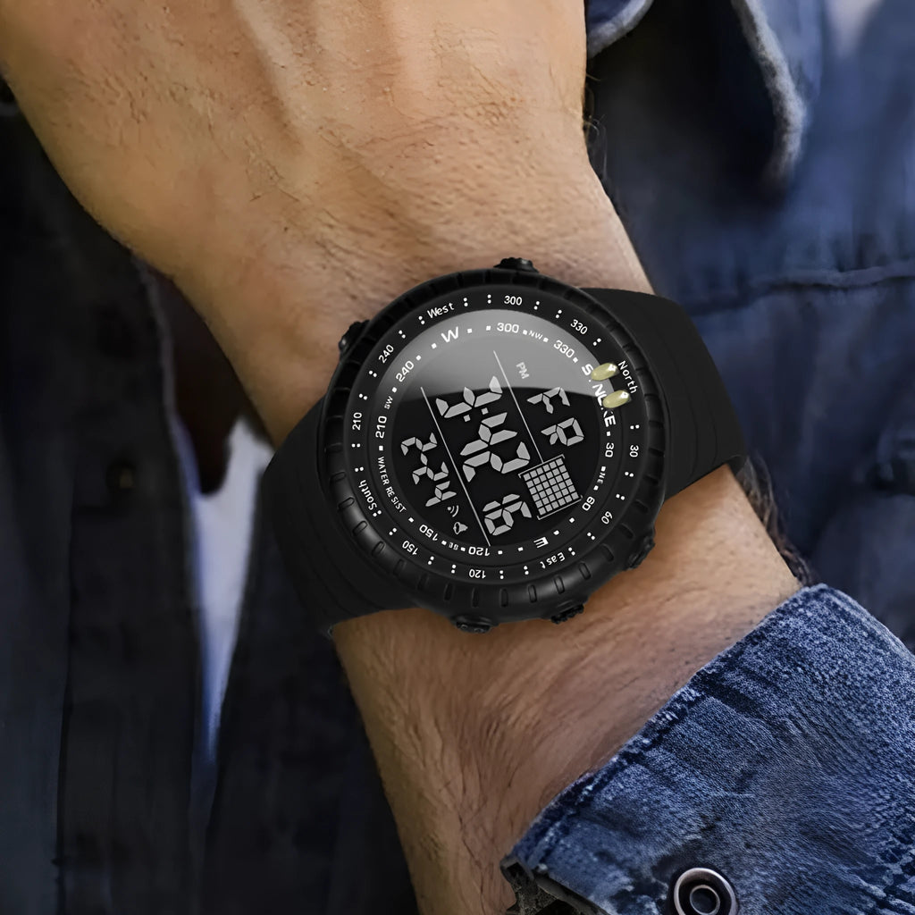 Black waterproof electronic outdoor watch for men with a large 54.74mm plastic case and PU strap.