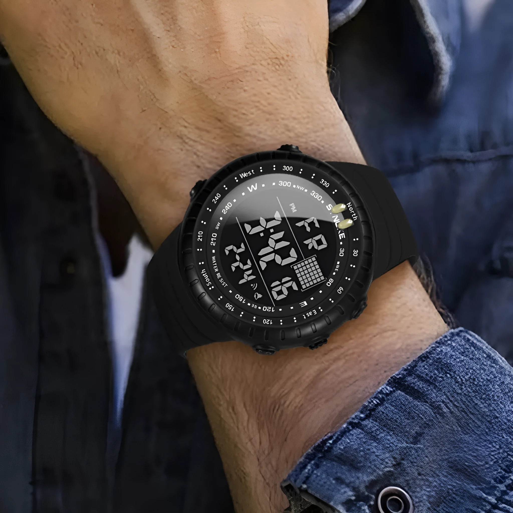 Black waterproof electronic outdoor watch for men with a large 54.74mm plastic case and PU strap.
