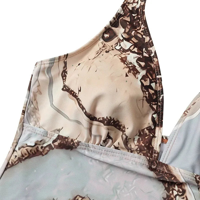 Brown women's bikini swimsuit set showing front and back views