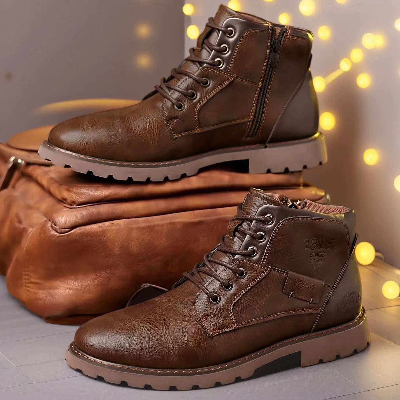 Men's brown side-zip Martin ankle boots with a round toe and rubber sole.