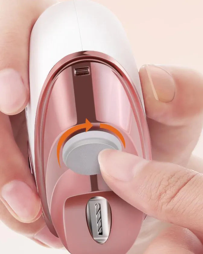 Blue electric nail clipper and polisher two-in-one tool with USB Type-C charging port and cleaning brush.