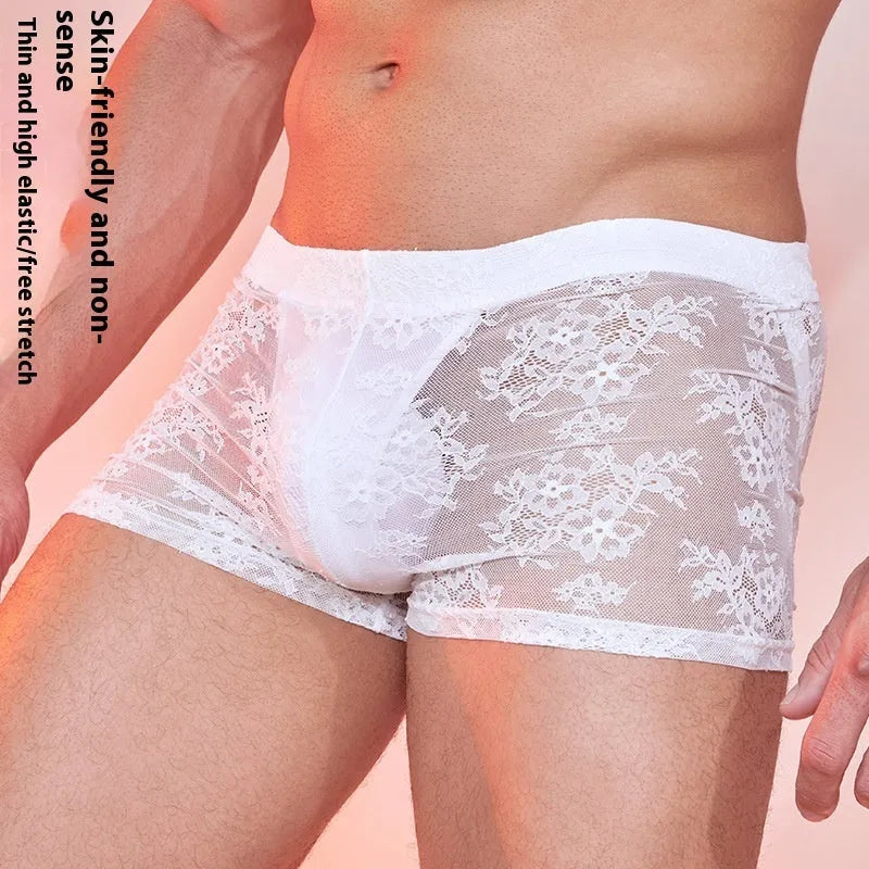 Nylon lace men's boxers in free size, shown in black, red, and white colours.