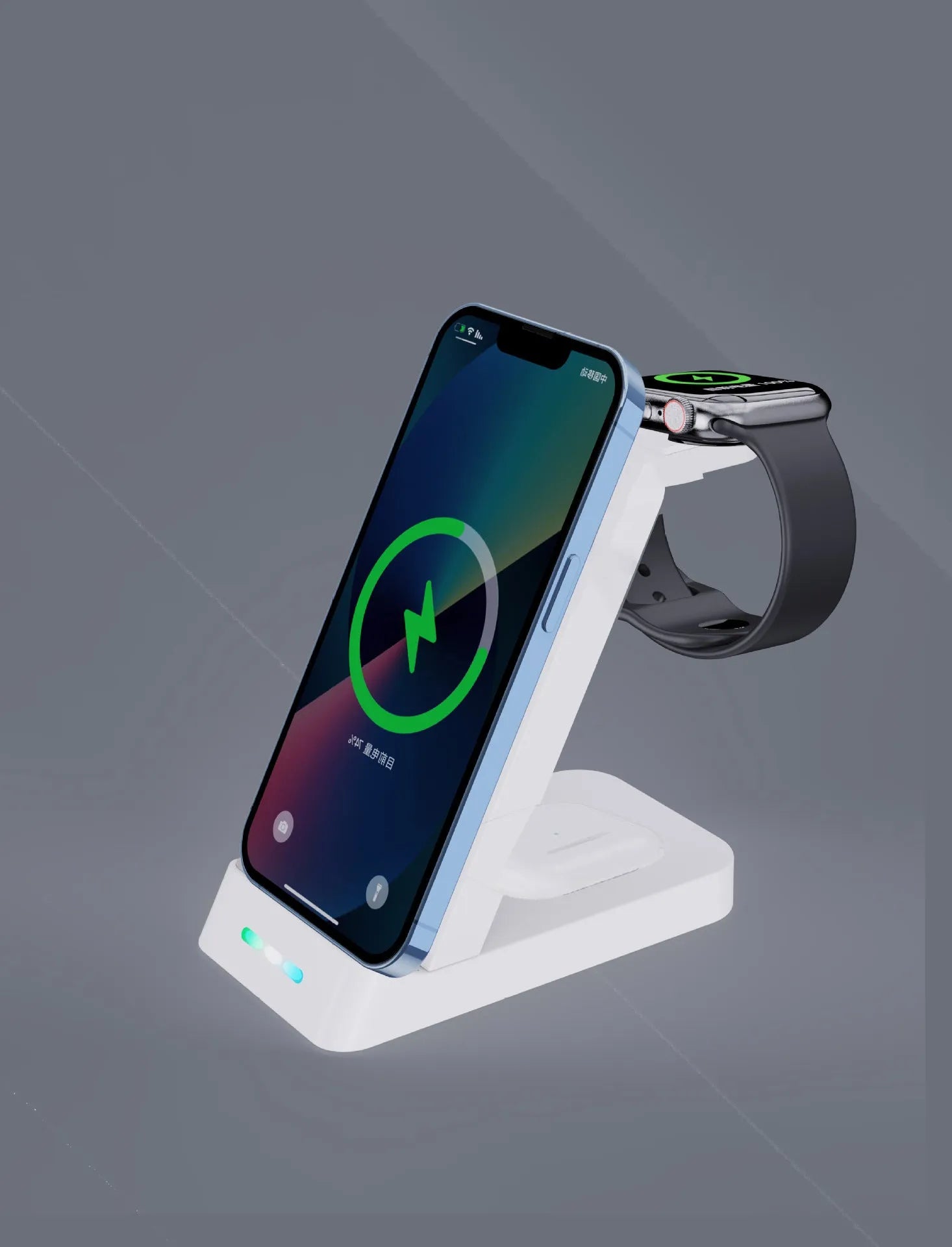 Black and white 3-in-1 wireless charging station with phone stand, showing charging areas for phone, watch, and earbuds.