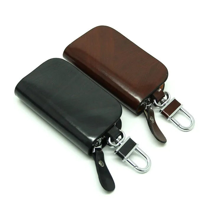 Genuine leather car key case with zipper closure in black or brown