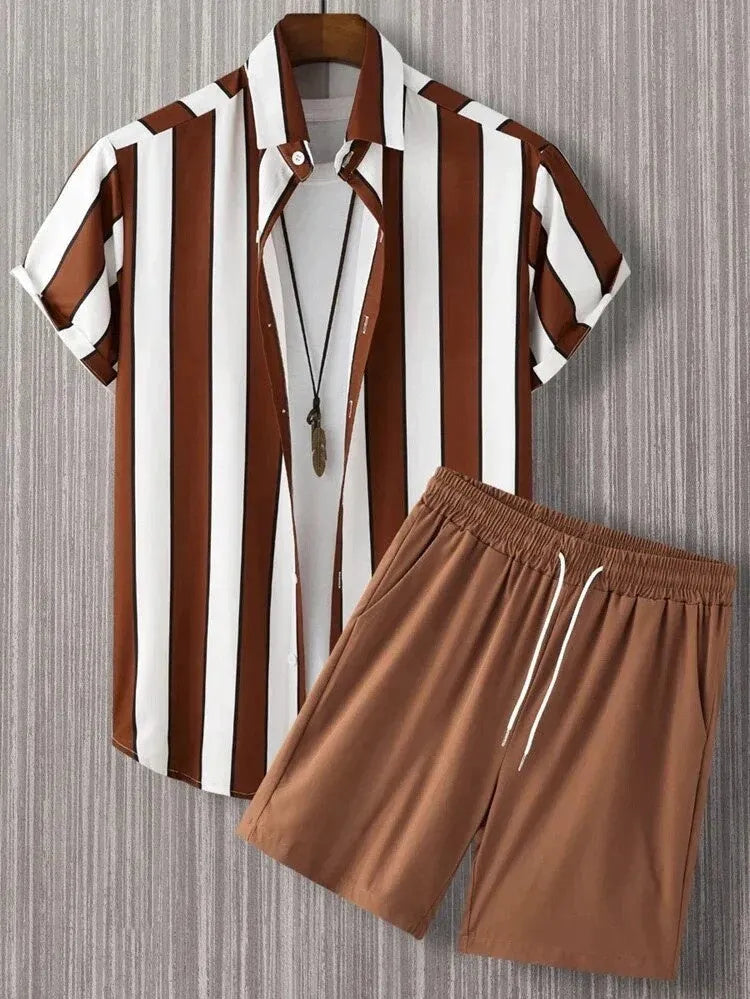 Men's beach shirt suit with short sleeves and matching shorts in polyester fabric
