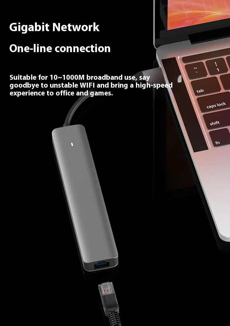 Silver 7-in-1 USB-C laptop hub showing HDMI, USB-C PD, USB 3.0, and SD card ports