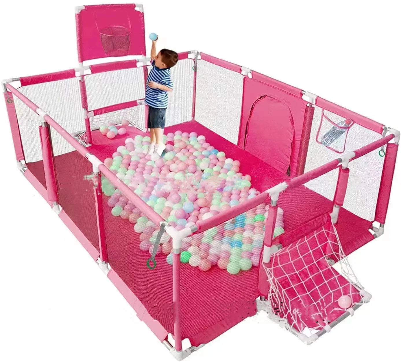 Large blue children's playpen tent with Oxford cloth walls and stainless steel frame in a nursery.