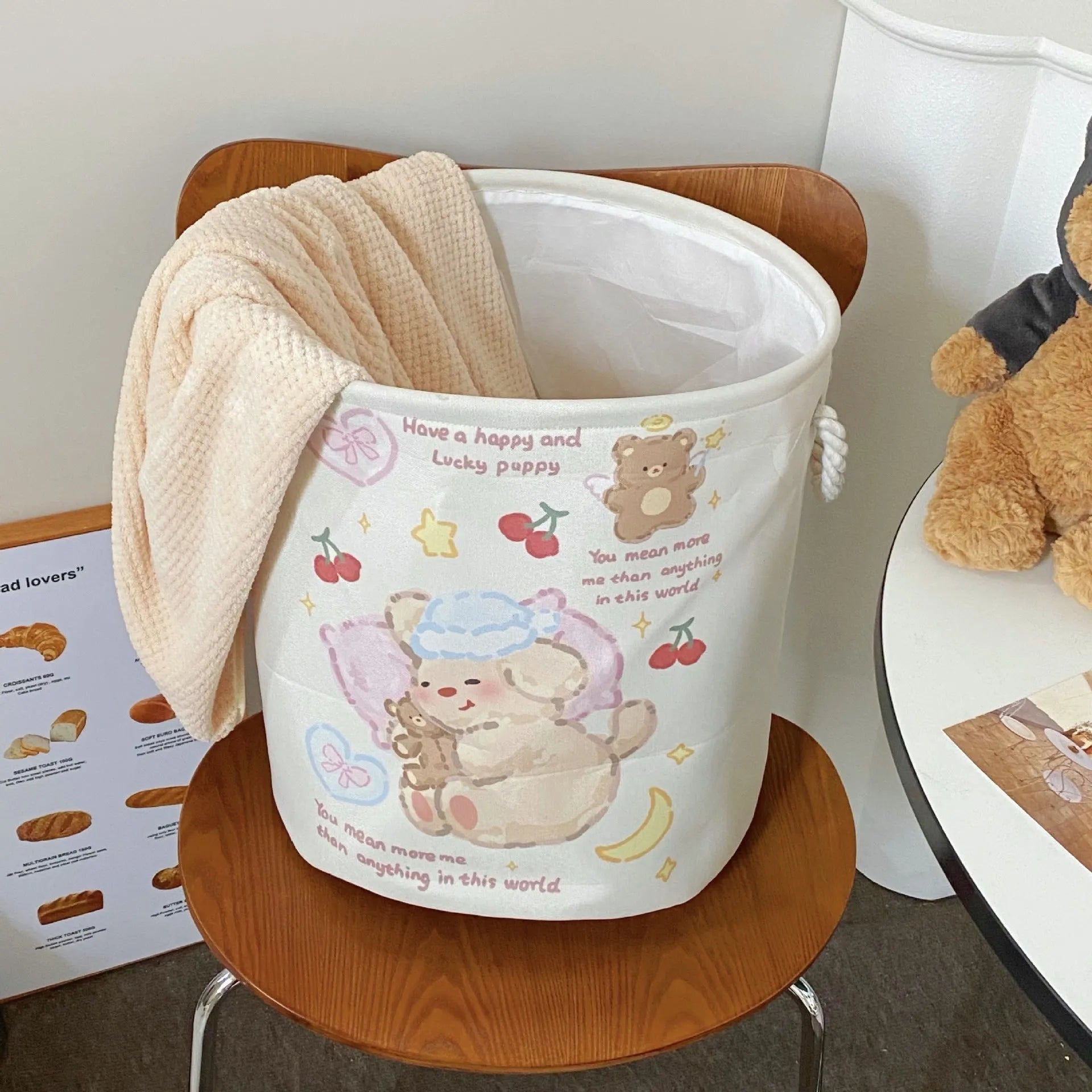 Foldable laundry basket with decorative removable cotton cover in choice of 12 patterns