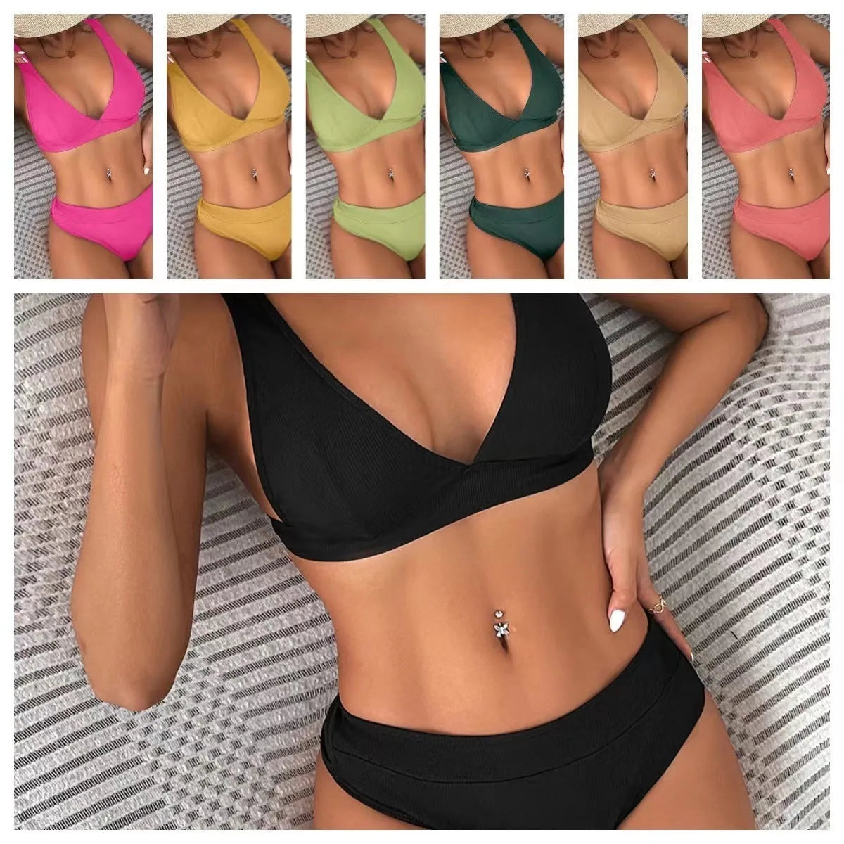 Women's lace-up split front bikini in multiple colours showing high waist design option