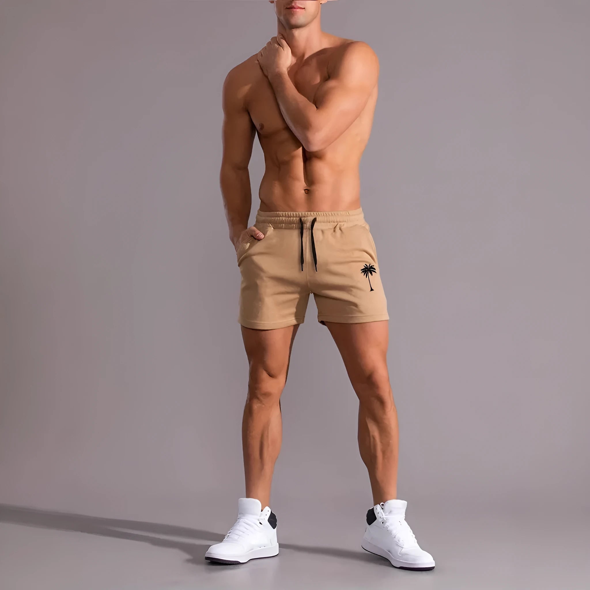 Men's khaki coconut print sports shorts with micro elasticity for summer athletic activities
