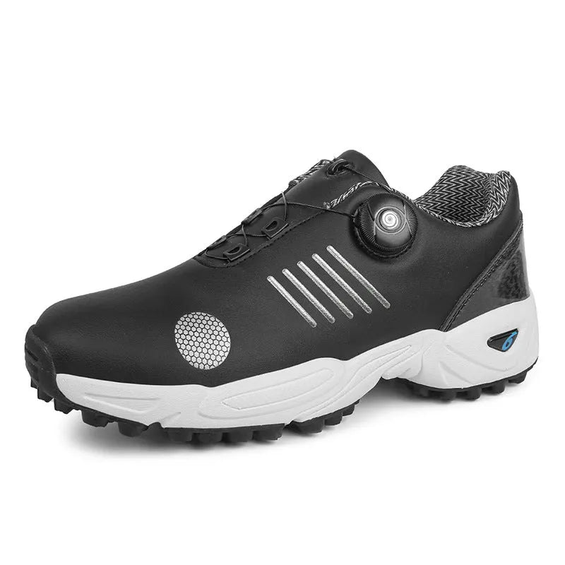 Men's rotating shoelace lightweight golf shoes in black with rubber sole and mesh inner